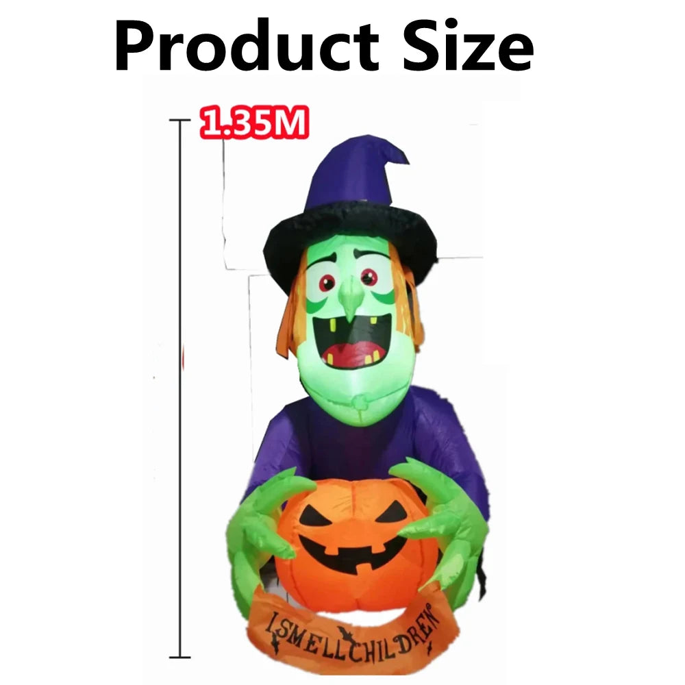 A green monster inflatable decoration with a witch hat and orange pumpkin, shown next to a size measurement.