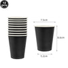 Ten black disposable paper cups stacked and displayed with dimensions.