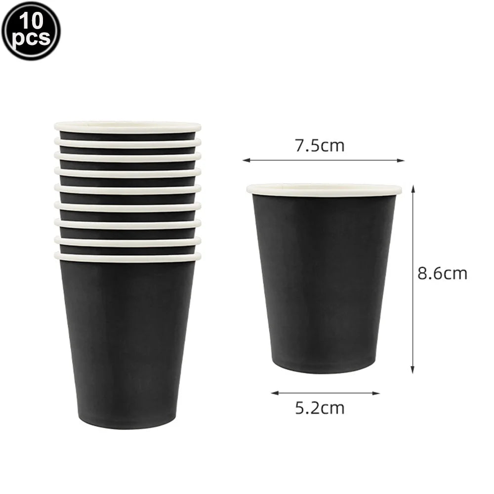Ten black disposable paper cups stacked and displayed with dimensions.