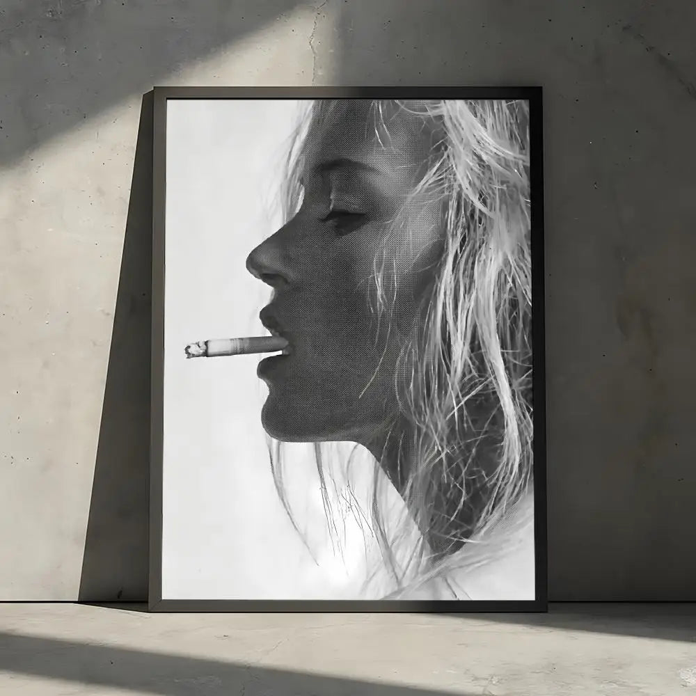 Black and white portrait of a woman with long hair smoking a cigarette