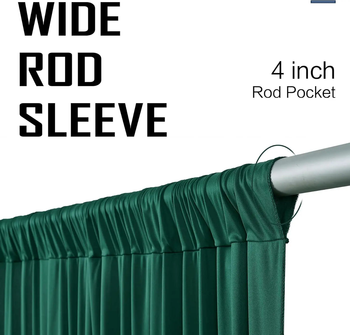 A close-up of a dark green fabric backdrop curtain being draped, showing the texture and pleats.