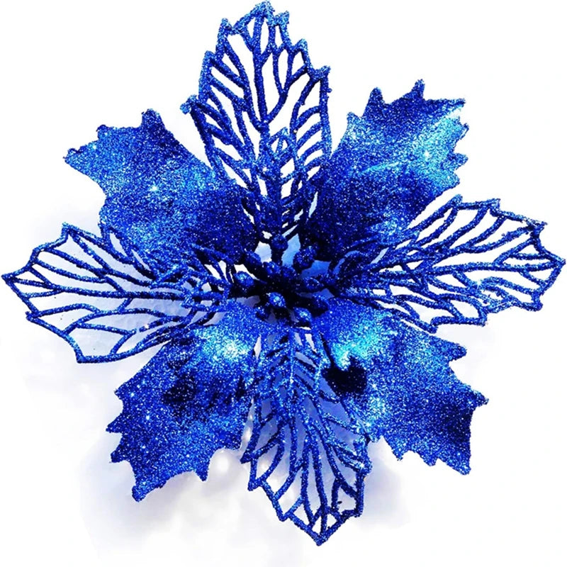 Blue glittery silk artificial Christmas flowers with a gold sparkle finish