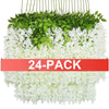 Un paquet de 24 fleurs artificielles de wisteria blanches cascade d'une plante verte.