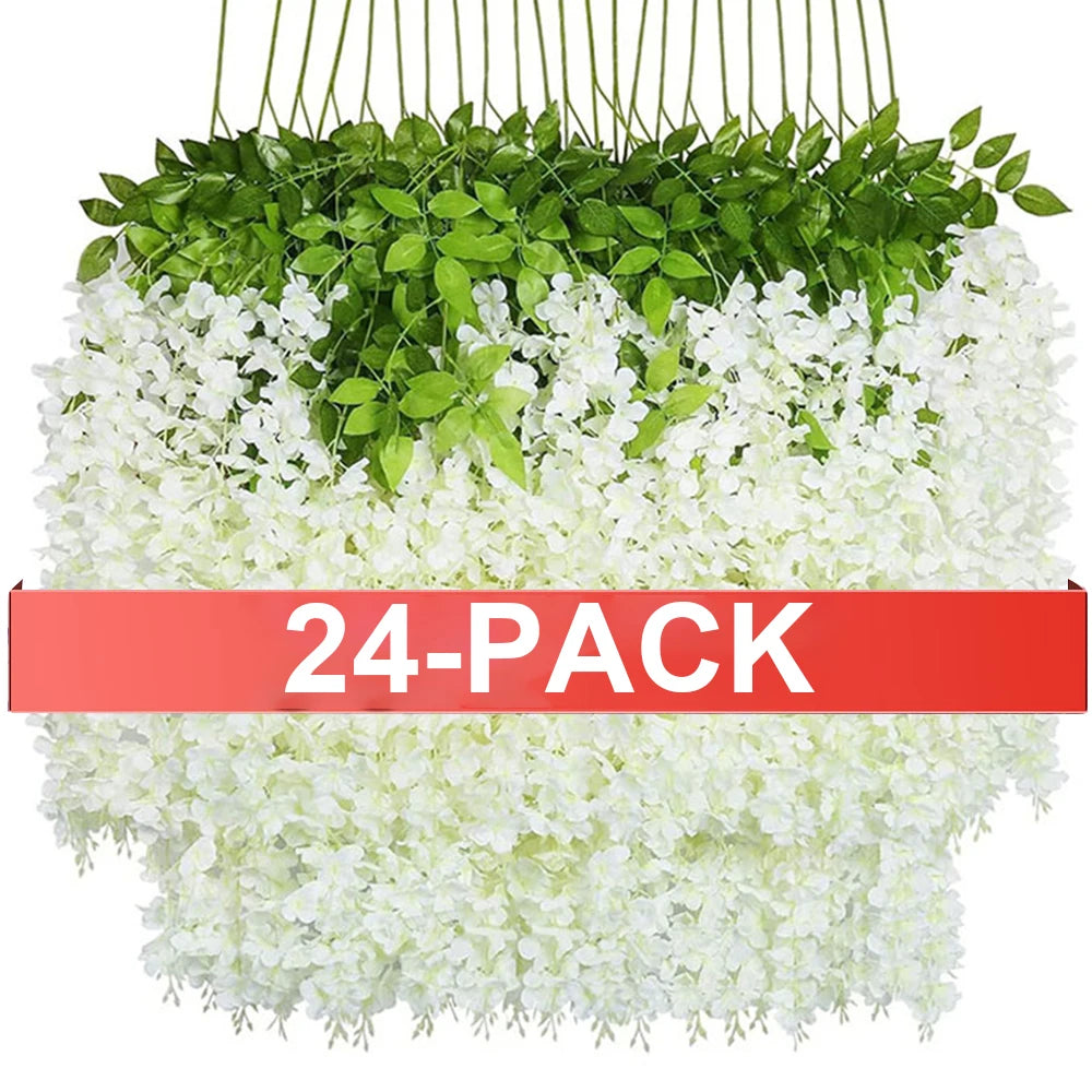 Un paquet de 24 fleurs artificielles de wisteria blanches cascade d'une plante verte.