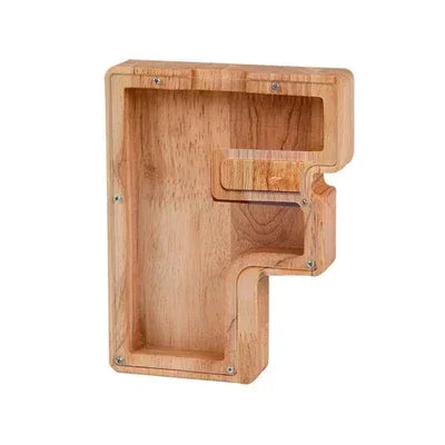 Wooden alphabet letter piggy bank coin box for kids in light wood tone