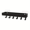 Black rustic wooden floating shelf with hooks designed for display