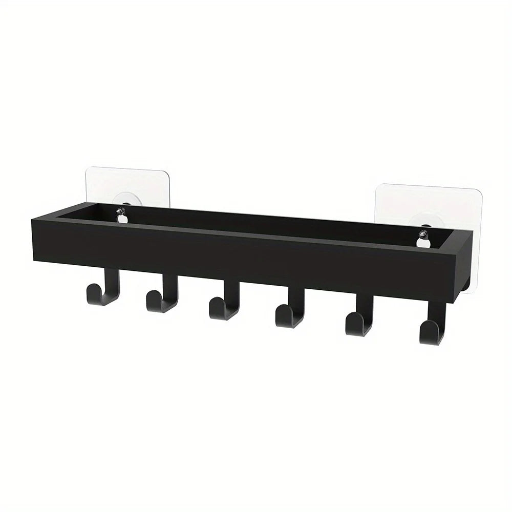 Black rustic wooden floating shelf with hooks designed for display