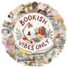 A circular sticker design featuring the text Bookish Vibes Only on an open book surrounded by literary elements.