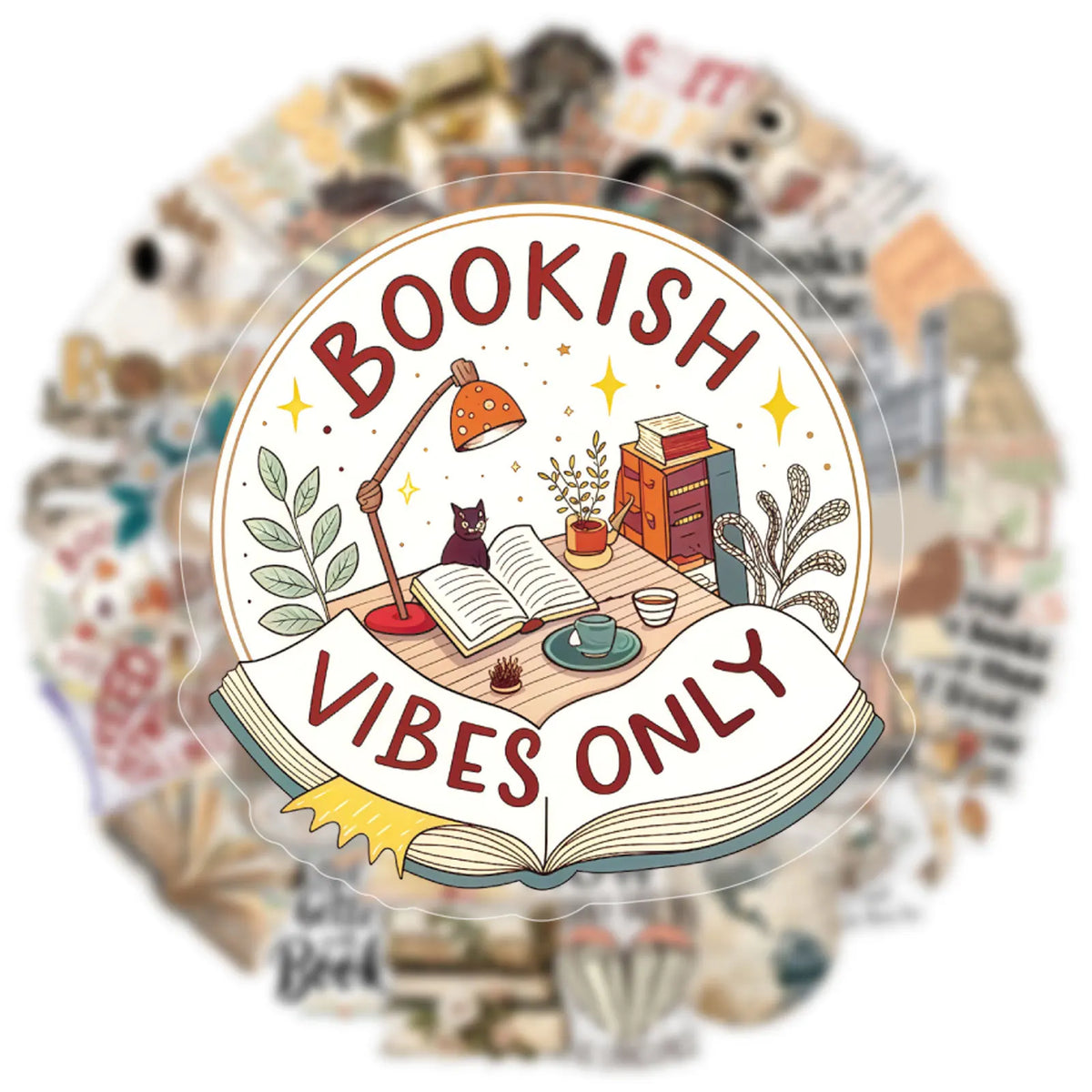 A circular sticker design featuring the text Bookish Vibes Only on an open book surrounded by literary elements.