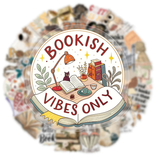 A circular sticker design featuring the text Bookish Vibes Only on an open book surrounded by literary elements.