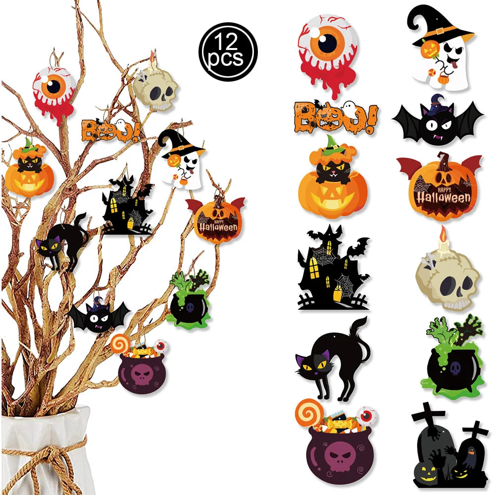 A set of Halloween hanging ornaments featuring ghosts, pumpkins, and skeletons on a bare tree branch.