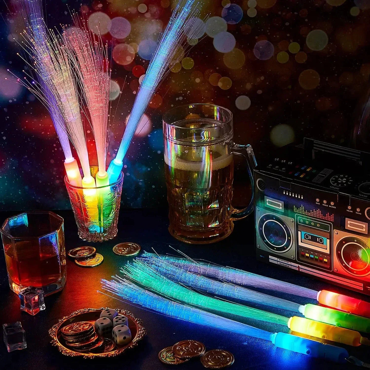 مجموعة عصي مضيئة (LED) بألوان مختلفة مع كوب زجاجي وجهاز إلكتروني