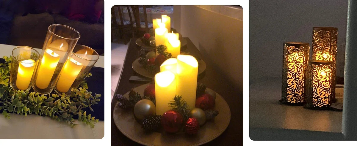 Three glass candles with flickering LED flames surrounded by greenery and festive decorations.