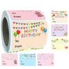A roll of birthday and party favor tags featuring colorful designs and various color options.