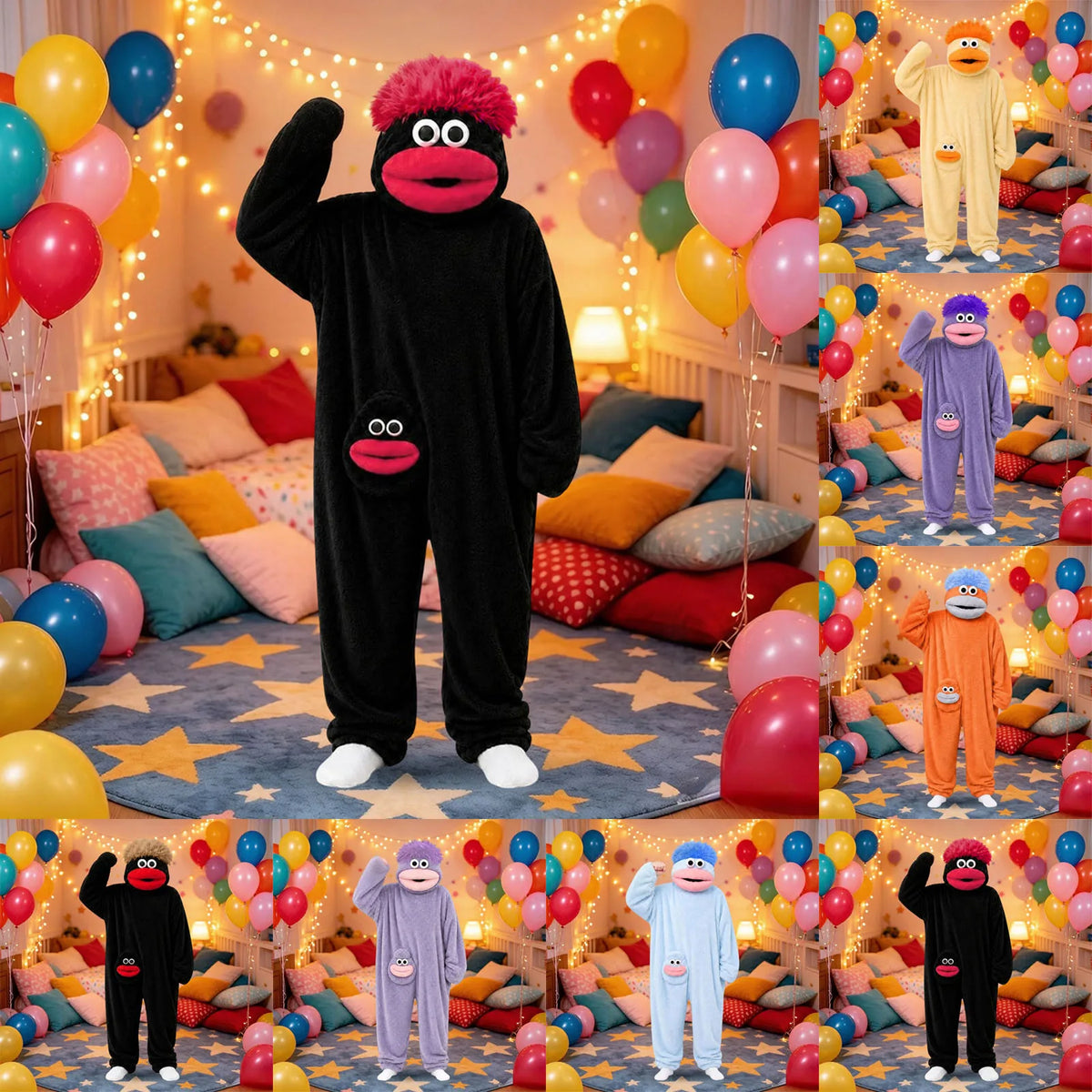A plush monster costume in black with pink features is displayed among colorful balloons and pillows.