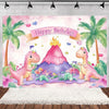 A watercolor illustration of pink dinosaurs celebrating a birthday with a fiery mountain backdrop and tropical leaves.