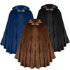Three velvet hooded cloaks in blue, brown, and black with matching fabric ties.