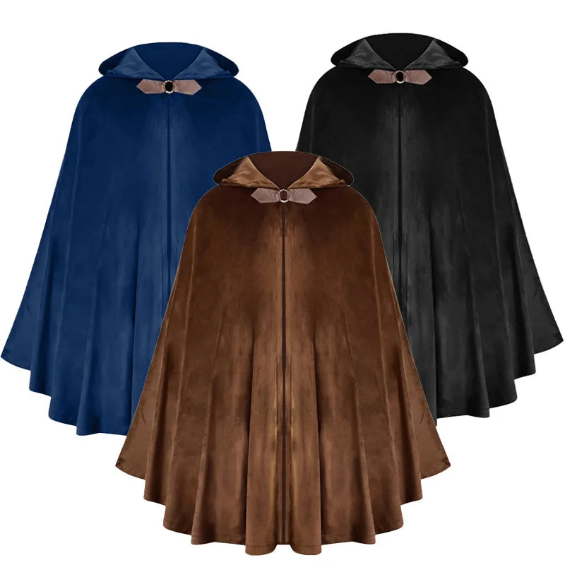 Three velvet hooded cloaks in blue, brown, and black with matching fabric ties.