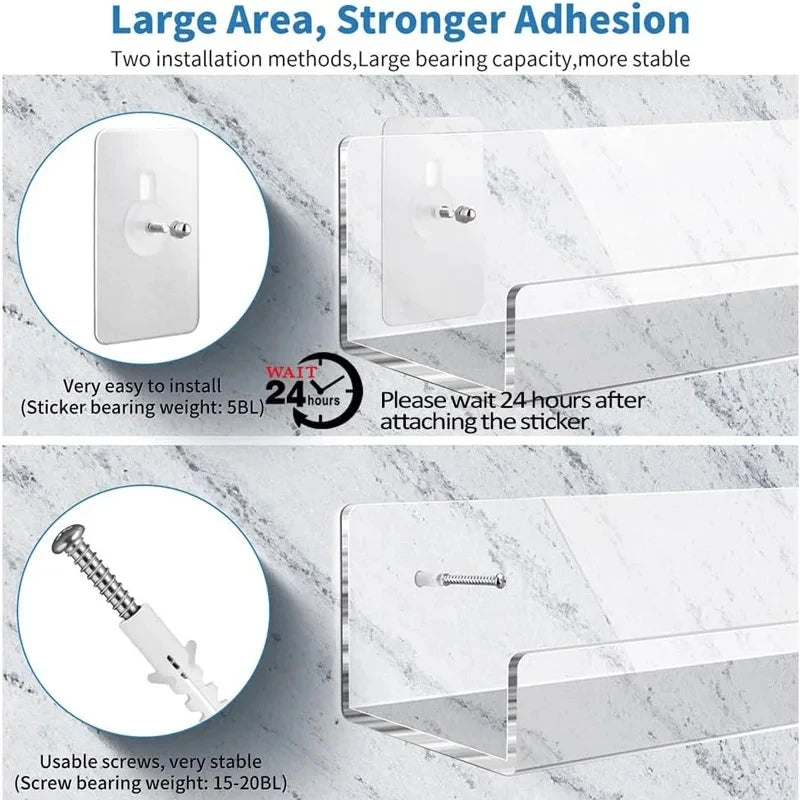 Clear acrylic floating shelf with wall mount shown in various installation methods
