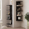 A dark wood five-tier wall-mounted storage shelf with various decorative items is displayed on a light gray wall.