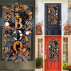 A black and orange Halloween BOO wreath with a pumpkin garland door hanging