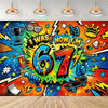 A vibrant street art style mural featuring bold colors, lightning bolts, and text celebrating turning six to seven.
