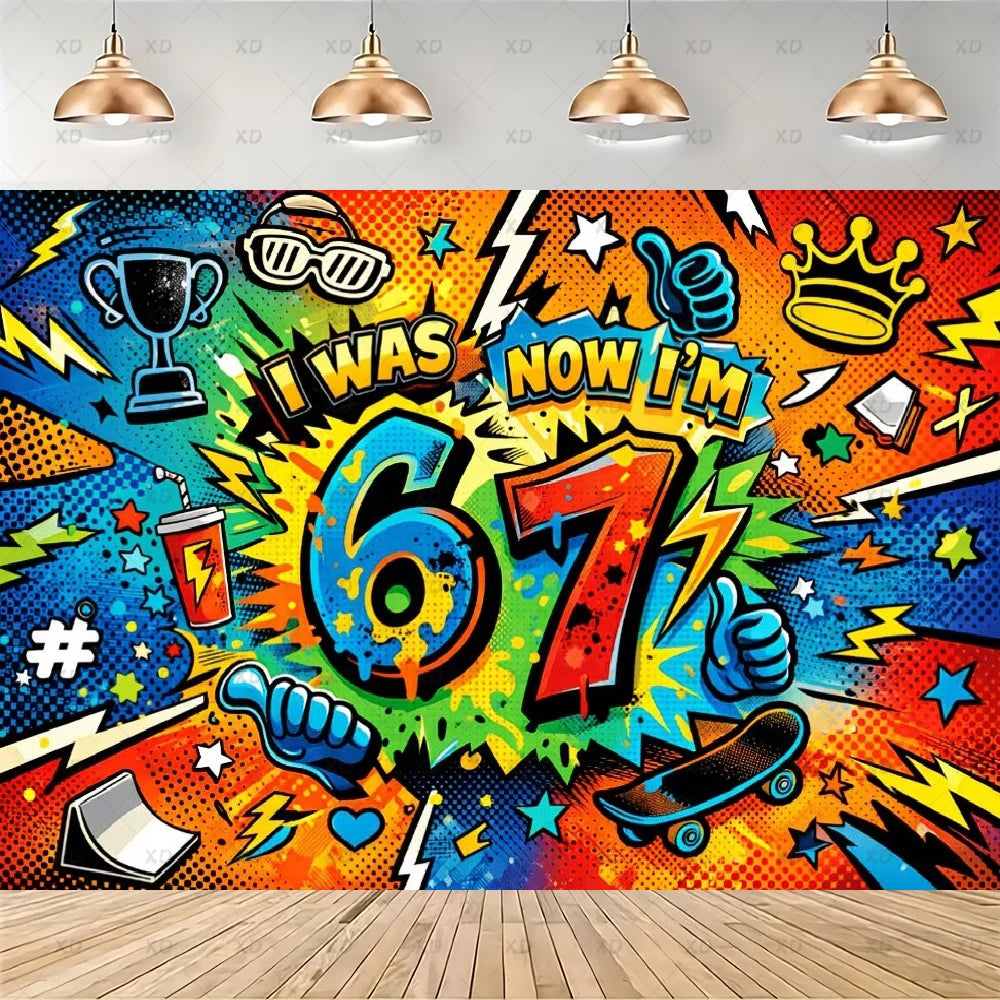 A vibrant street art style mural featuring bold colors, lightning bolts, and text celebrating turning six to seven.