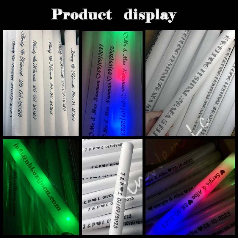 Display of various RGB glow foam sticks in different colors and packaging.