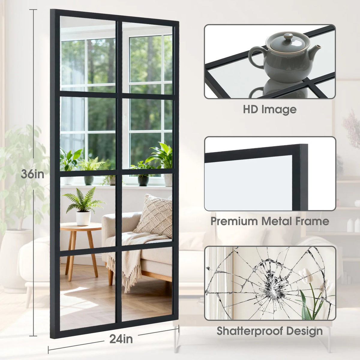 A tall, black-framed window mirror with multiple panes shown in a modern living room setting.