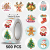 A set of 500 festive Christmas wreath stickers featuring reindeer, bells, Santa, and Christmas trees for gift wrapping and ca
