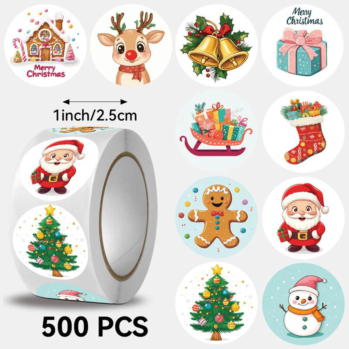 A set of 500 festive Christmas wreath stickers featuring reindeer, bells, Santa, and Christmas trees for gift wrapping and ca