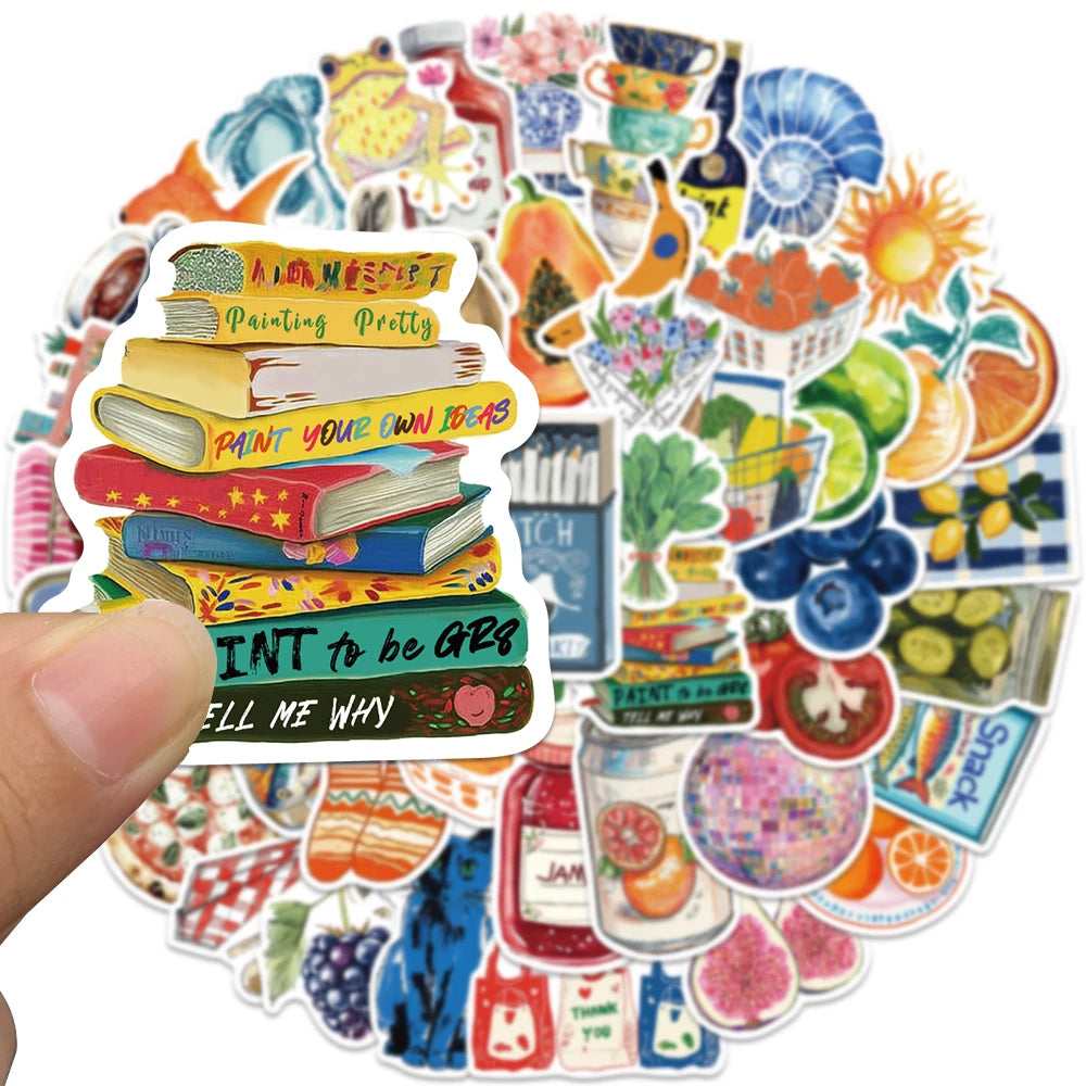 A colorful sticker pack featuring watercolor illustrations of various fruits and foods.