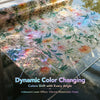 Dynamic color changing window film featuring iridescent laser effect and vibrant watercolor hues on a floral design.