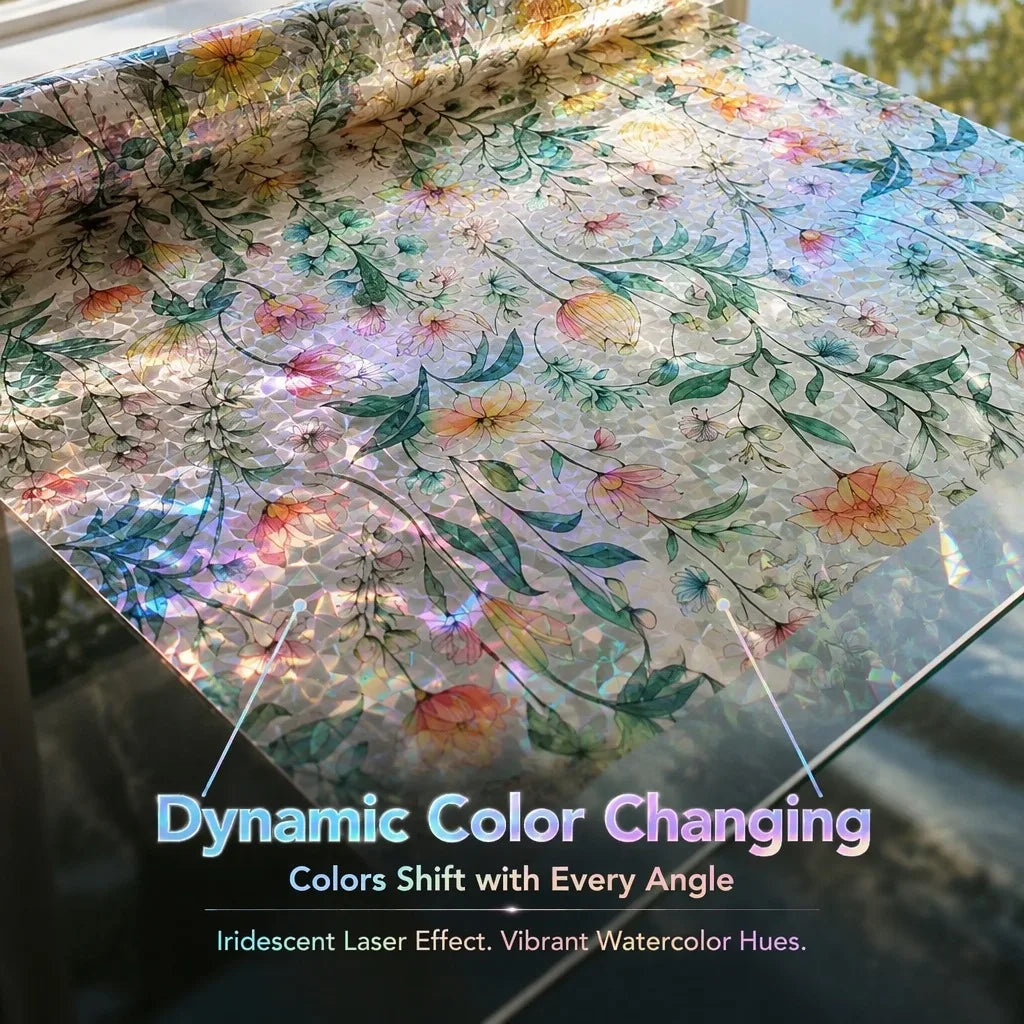 Dynamic color changing window film featuring iridescent laser effect and vibrant watercolor hues on a floral design.