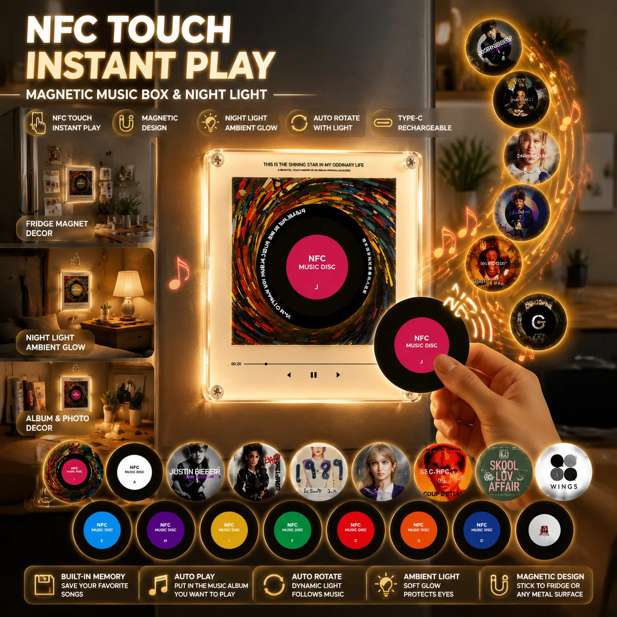 A retro NFC music box night light with a rotating disc is shown next to various decorative items and a hand.