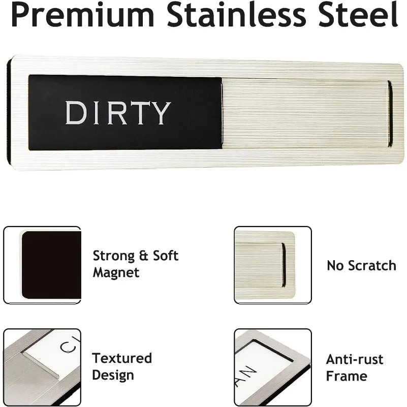 A rectangular stainless steel sign with the word DIRTY engraved on it, featuring a strong magnet and anti-rust frame.