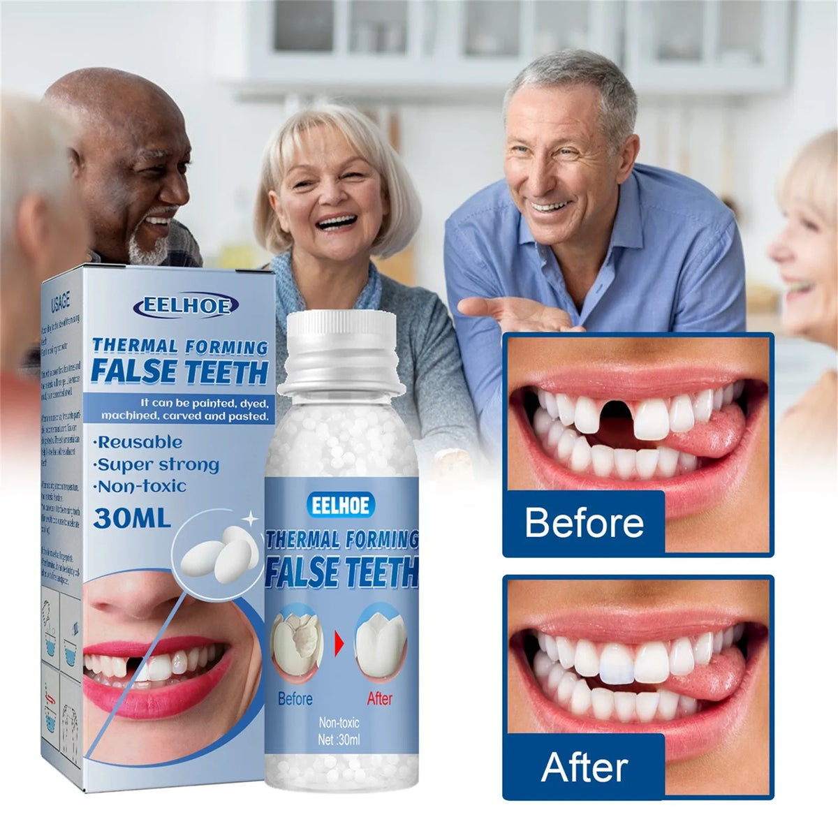 A box and bottle of EELHOE thermal forming false teeth showing before and after results on teeth.