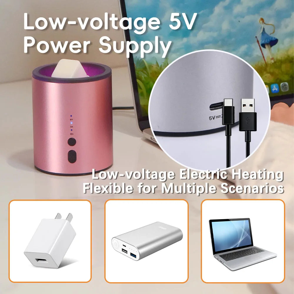 A pink low-voltage 5V power supply device used for electric heating, shown next to a laptop and various accessories.