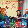 A group of people are handing festive Christmas tote bags to each other in a holiday-themed setting.