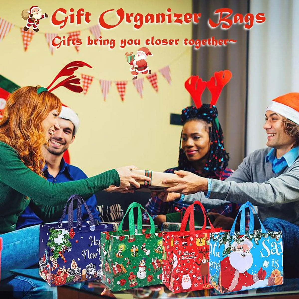 A group of people are handing festive Christmas tote bags to each other in a holiday-themed setting.