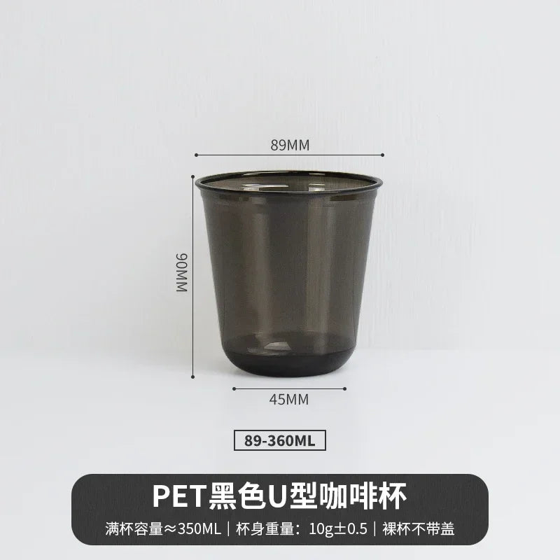 A black disposable U-shaped coffee cup with dimensions 89mm high and 45mm wide.