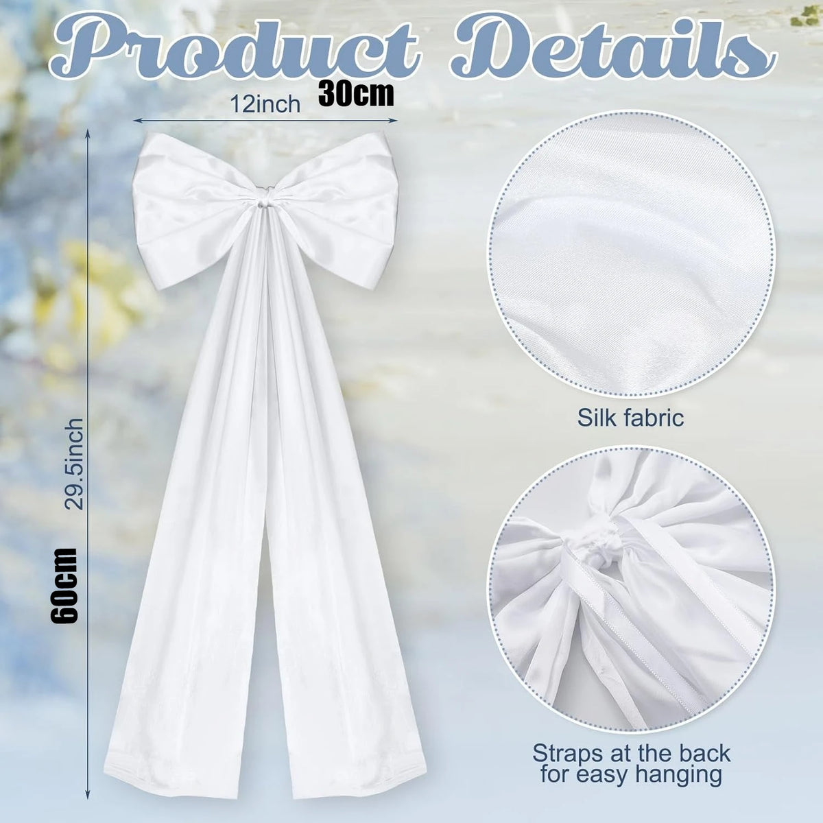 Nœuds en satin blanc avec longues queues, montrés à côté des détails du tissu et des instructions d'utilisation