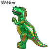 A green inflatable dinosaur decoration for a birthday party, featuring colorful spots and a large mouth.