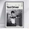 Black and white movie poster titled Taxi Driver featuring a man holding a handgun.