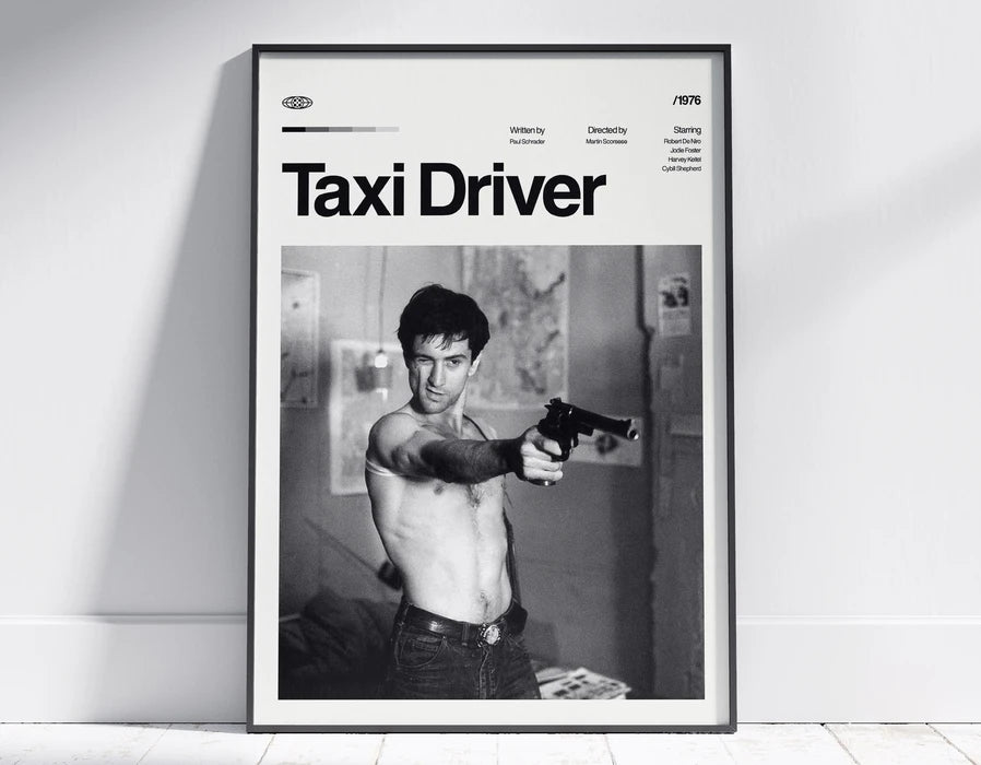 Black and white movie poster titled Taxi Driver featuring a man holding a handgun.