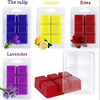 A collection of clear plastic molds for DIY wax melts, including tulip, lemon, and rose scents.