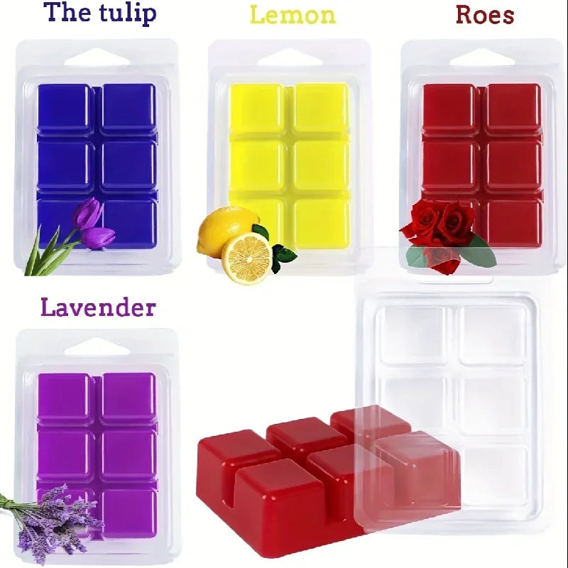 A collection of clear plastic molds for DIY wax melts, including tulip, lemon, and rose scents.