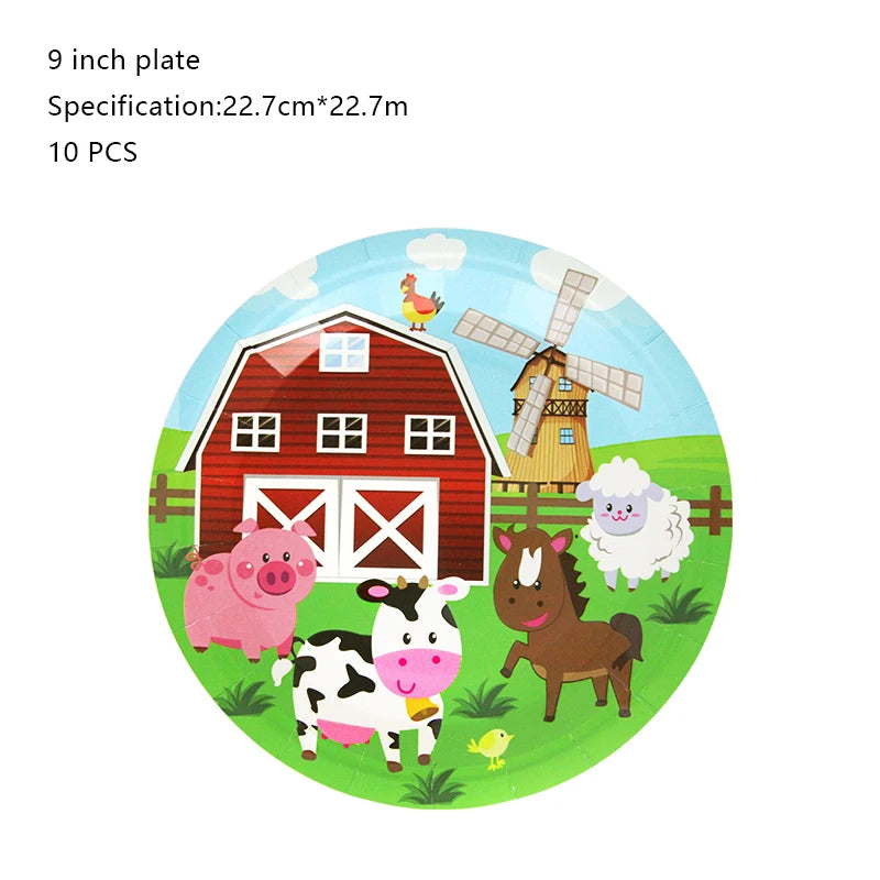 A circular decoration featuring farm animals like a pig, cow, and horse in front of a red barn and windmill backdrop.