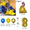 A collection of rose gold foil letter balloons and yellow balloons for birthday parties