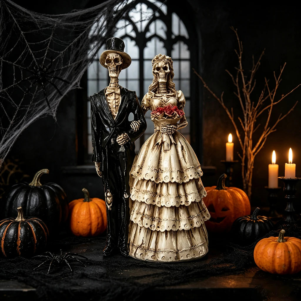 A dark, gothic-themed statue featuring a skeleton bride and groom figurine set.